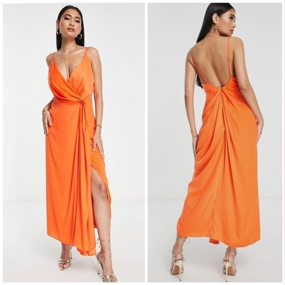 ASOS EDITION satin drape side cami midi dress in orange - Picture 1 of 8